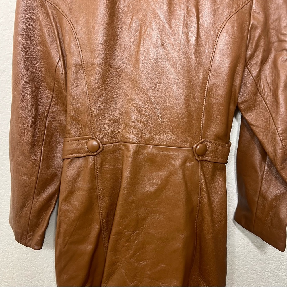 Vintage 70’s Cognac Leather Trench Coat Short Fur Collar Size 14 - Picture 11 of 15